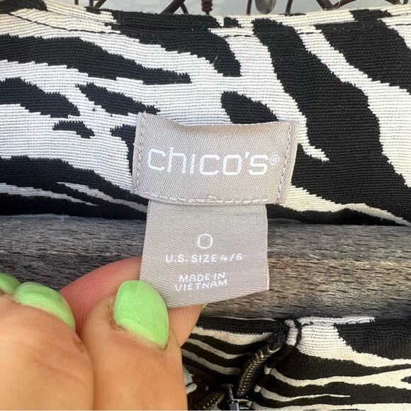 Chicos Zebra black white woven canvas tapestry blazer jacket Zipper front Size 0 - Picture 4 of 7